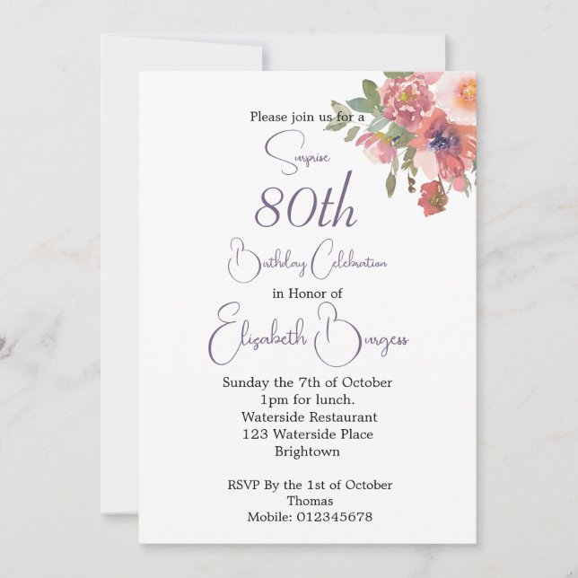 Invitation 80e anniversaire Gold Floral Rose Élégant (Devant)