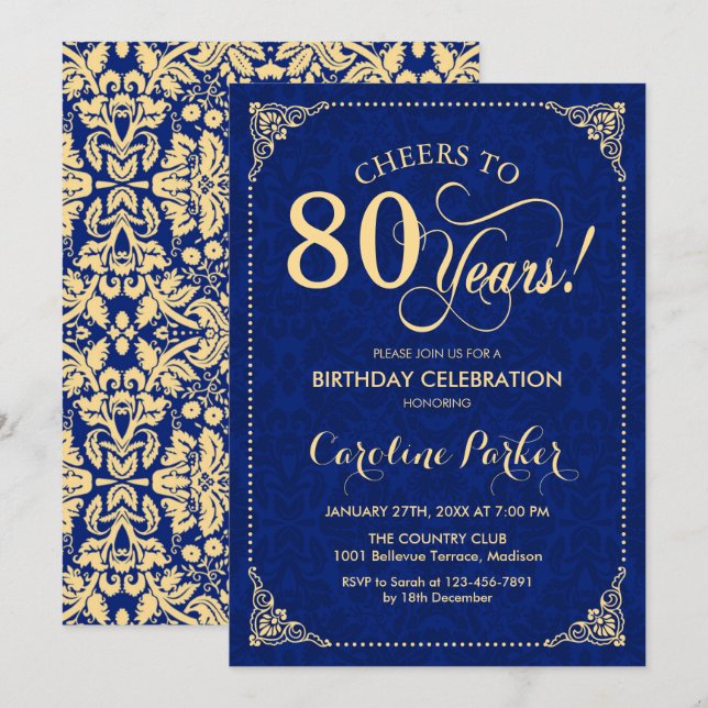 Invitation 80e anniversaire - Gold Navy Damask (Devant / Derrière)