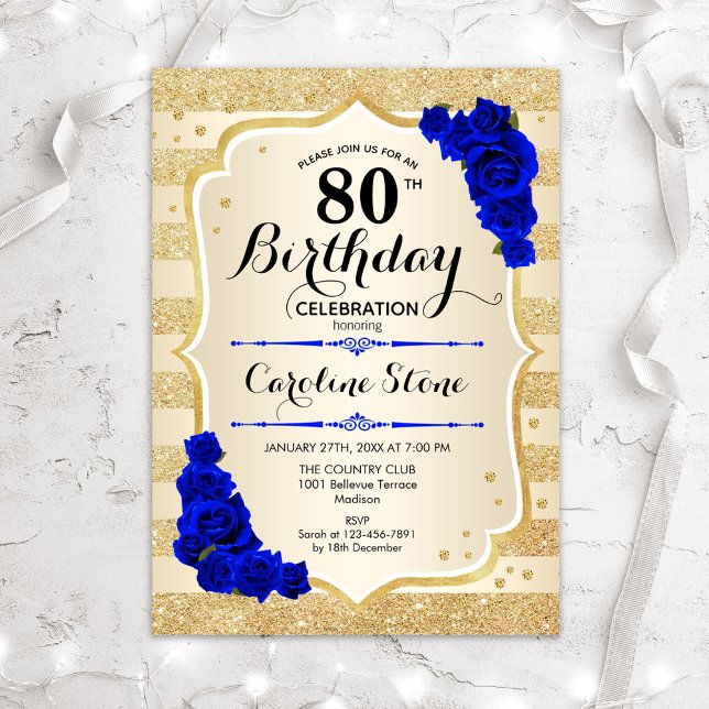 Invitation 80e anniversaire - Gold Stripes Royal Blue Roses (Créateur téléchargé)