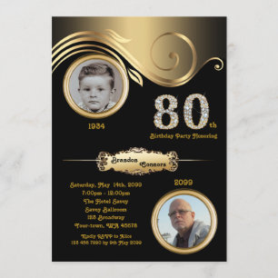Invitation 80e anniversaire homme 80e, art déco, or noir