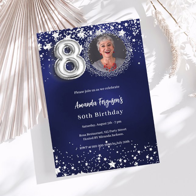 Invitation 80e anniversaire marine bleu argent étoiles photo (Créateur téléchargé)