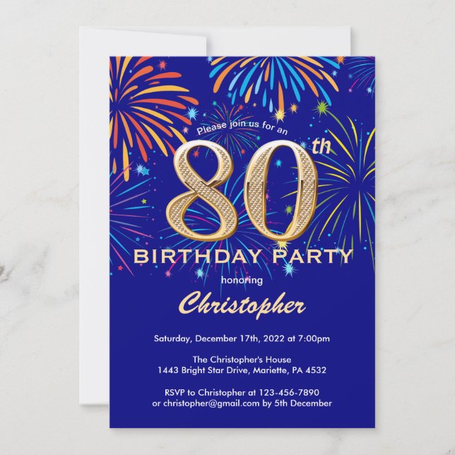 Invitation 80e anniversaire Marine Blue and Gold Rainbow Fire (Devant)