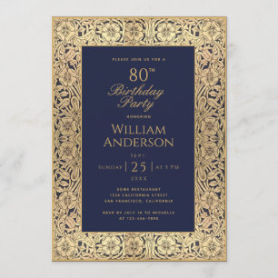 Invitation 80e anniversaire Marine Blue Gold Roses Vintage él