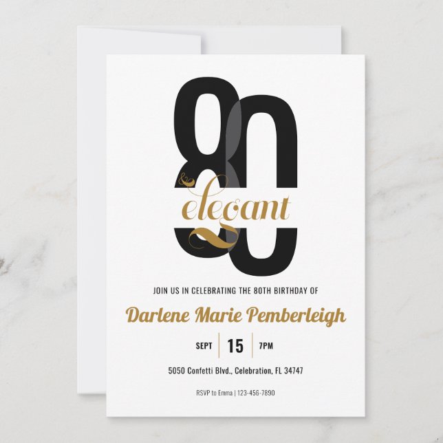 Invitation 80e anniversaire minimum et élégant Black Gold 80e (Devant)