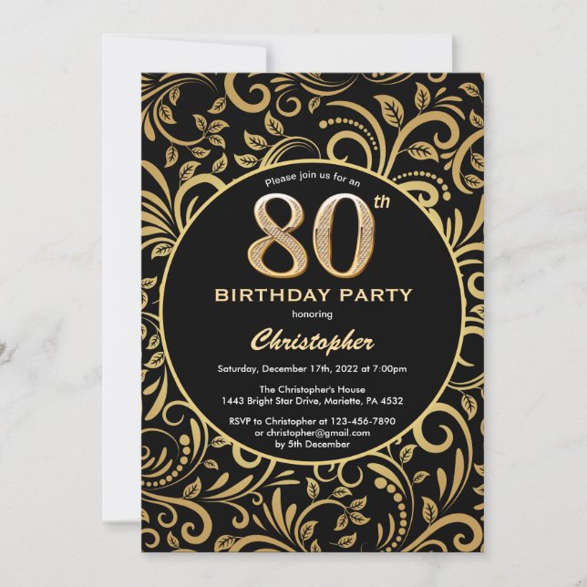 Invitation 80e anniversaire Modèle floral noir et or (Devant)