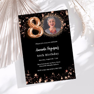 Invitation 80e anniversaire noir rose étoiles photo or