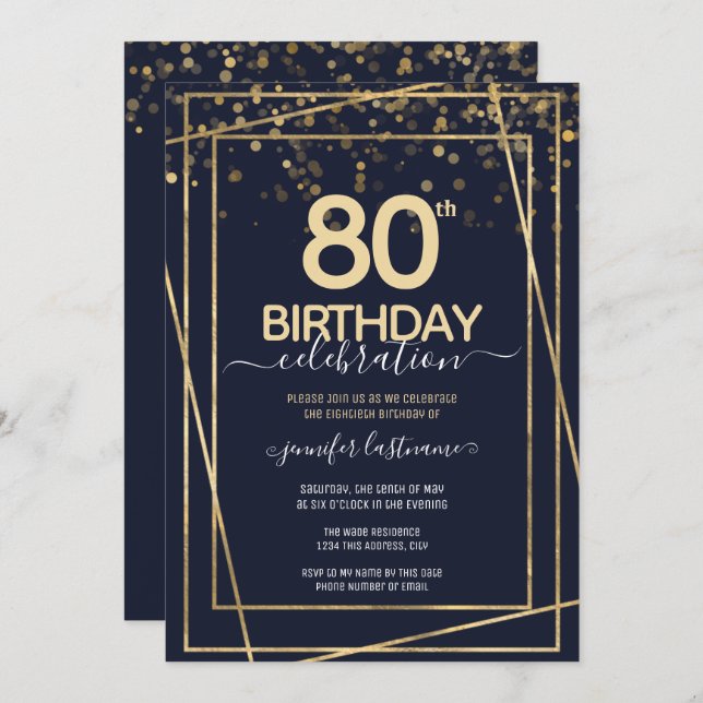 Invitation 80e anniversaire Or et bleu (Devant / Derrière)