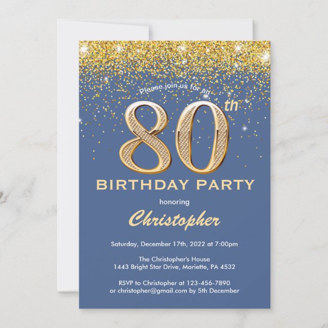 Invitation 80e anniversaire Parties scintillant bleue et or C (Devant)