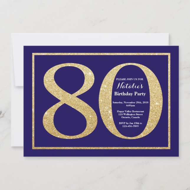 Invitation 80e anniversaire Parties scintillant bleue et or d (Devant)