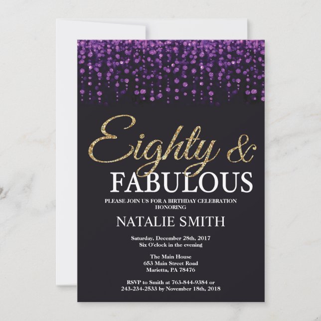 Invitation 80e anniversaire Parties scintillant violet et or (Devant)