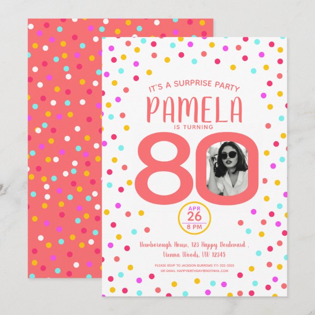 Invitation 80e anniversaire photo personnalisée corail vivant (Devant / Derrière)