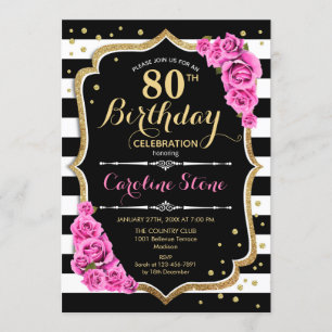 Invitation 80e anniversaire Pink Black White Strip