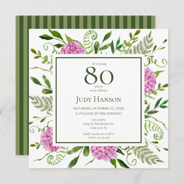 Invitation 80e anniversaire Pink Hydrangeas (Devant / Derrière)
