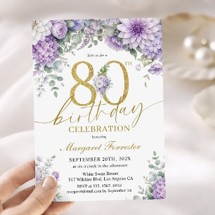 Invitation 80e Anniversaire Poussière Violette Florale Paille