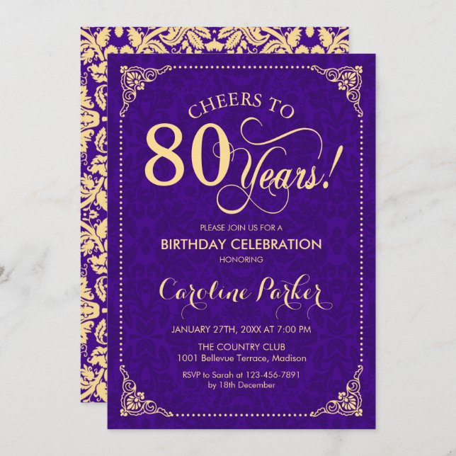 Invitation 80e anniversaire - Purple Gold Damask (Devant / Derrière)