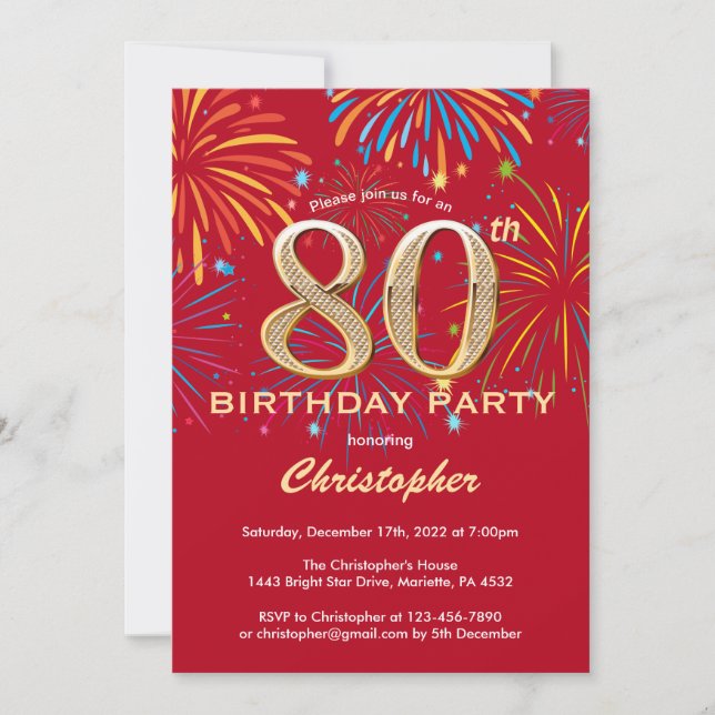 Invitation 80e anniversaire Red and Gold Rainbow Fireworks (Devant)