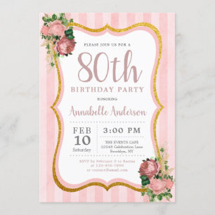Invitation 80e Anniversaire Rose Pâle Rayure Floral Paillette