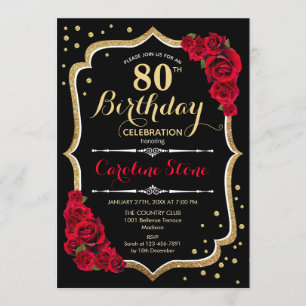 Invitation 80e anniversaire - Roses rouges noires d'or