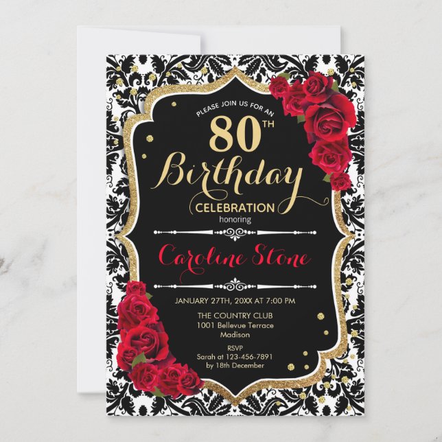 Invitation 80e anniversaire - Roses rouges Or noir Damas (Devant)