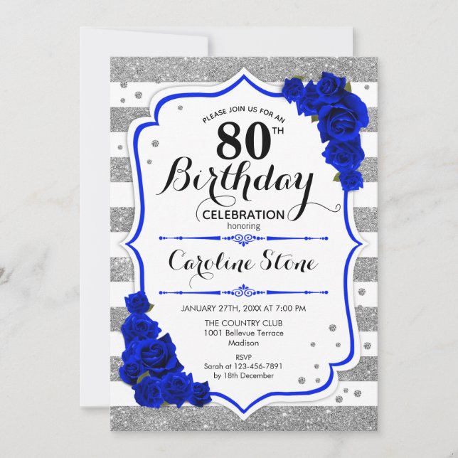 Invitation 80e anniversaire - Royal Blue Silver White Stripes (Devant)