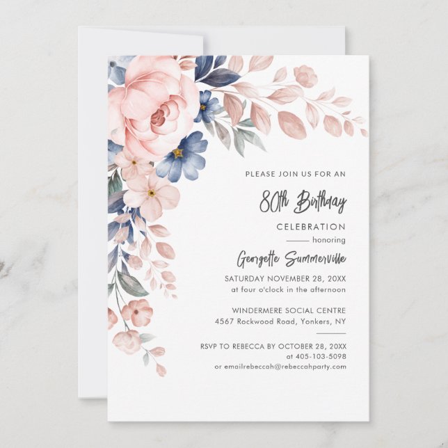 Invitation 80e anniversaire Script Pink Floral Party (Devant)