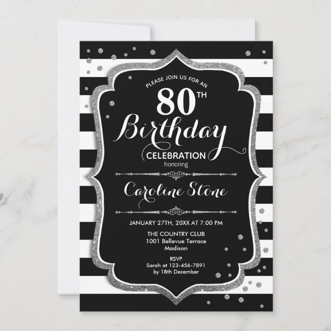 Invitation 80e anniversaire - Silver Black White Stripes (Devant)