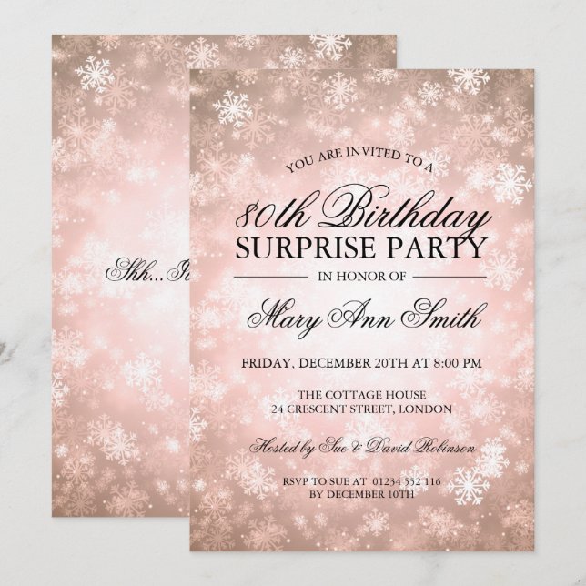 Invitation 80e Anniversaire surpris Cuivre Hiver Wonderland (Devant / Derrière)
