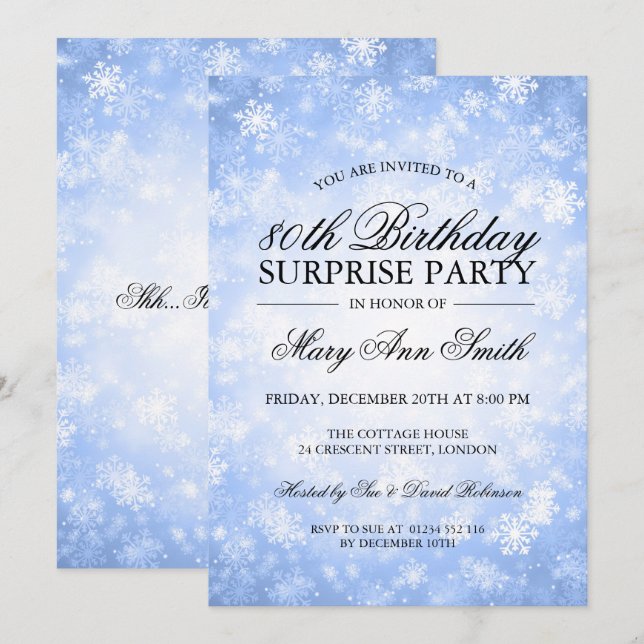 Invitation 80e Anniversaire Surprise Bleu Wonderland hiver (Devant / Derrière)