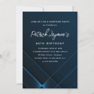 Invitation 80e anniversaire Surprise Party bleu foncé géométr