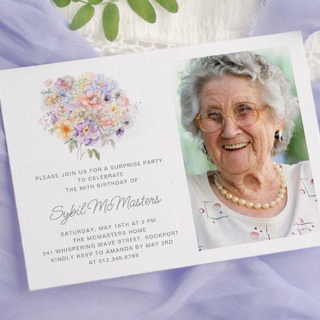 Invitation 80e anniversaire Surprise Party Bouquet de fleurs  (Créateur téléchargé)