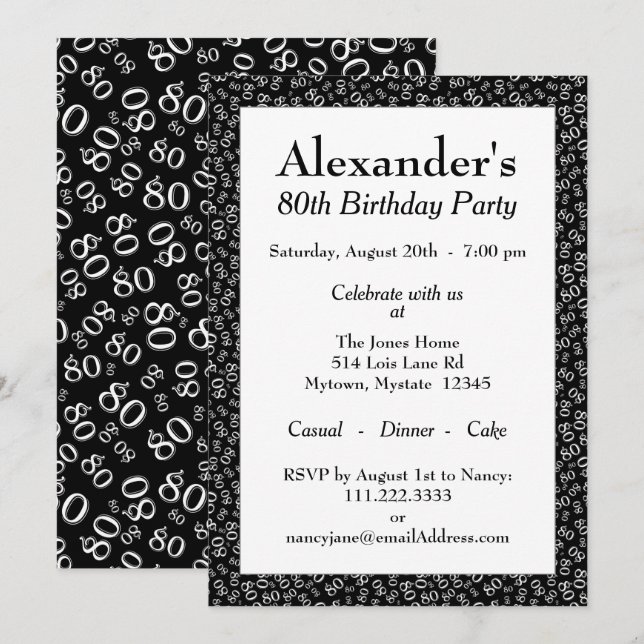 Invitation 80e anniversaire Thème de fête Motif noir et blanc (Devant / Derrière)