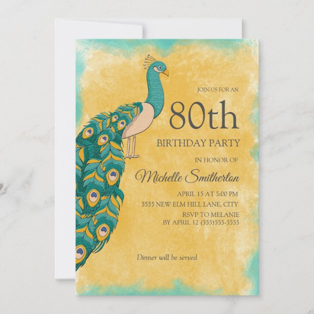 Invitation 80e anniversaire Turquoise Aquarelle jaune Peacock (Devant)