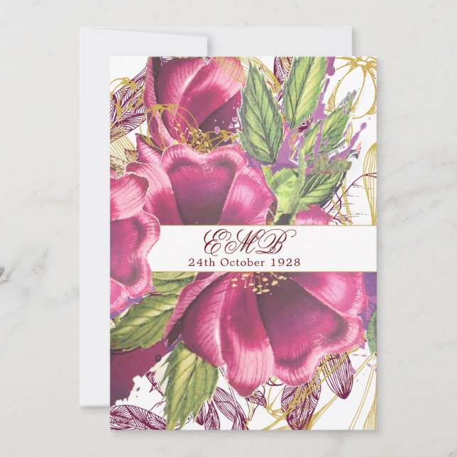 Invitation 80e Burgundy Gold Floral Elégant Élégant Anniversa (Devant)