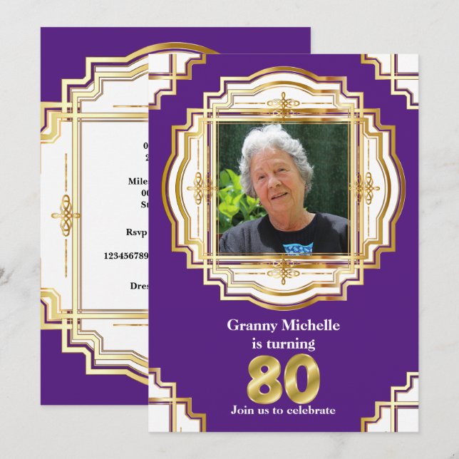 Invitation 80e cadre de photo blanc violet doré 80 (Devant / Derrière)