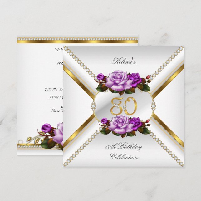 Invitation 80e fête d'anniversaire féminine Rose Lilac en or  (Devant / Derrière)