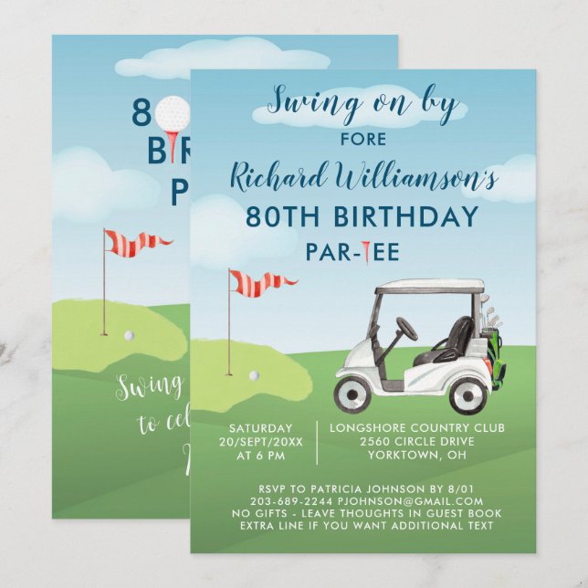 Invitation 80e fête d'anniversaire Fête de Golf pour hommes (Devant / Derrière)