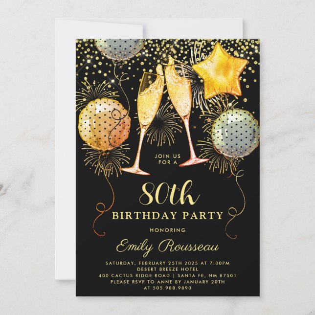 Invitation 80e fête d'anniversaire Gold Black Parties scintil (Devant)