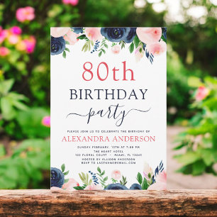 Invitation 80e fête d'anniversaire Marine bleu bleu rose flor
