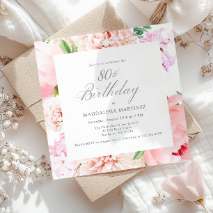 Invitation 80e fête d'anniversaire Pink Peony Floral Carré