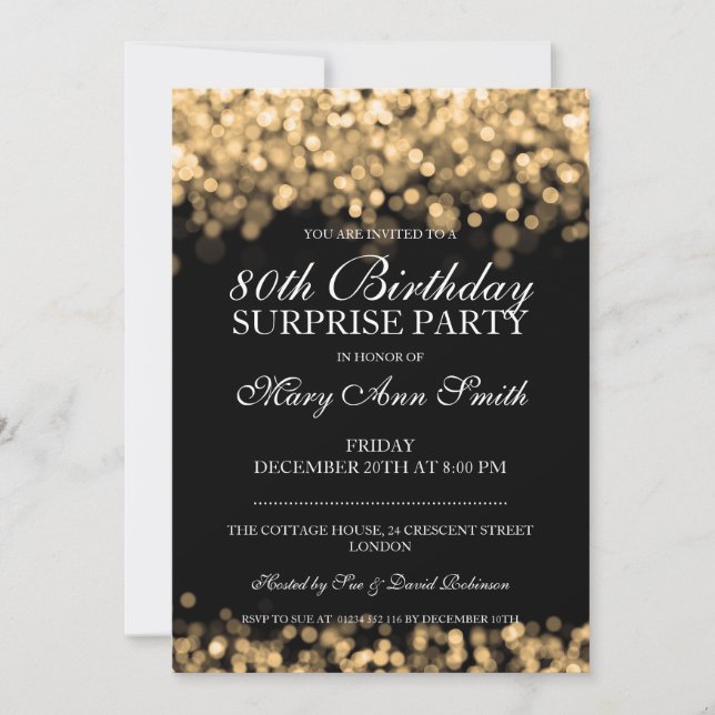 Invitation 80e Fête d'anniversaire surprise Gold Lights (Devant)