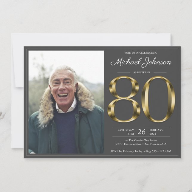 Invitation 80e Gold Texte gris foncé photo Classy Anniversair (Devant)