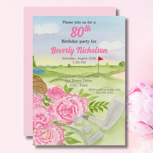 Invitation 80e Golf Anniversaire Fête Les pivoines Sur Golf (Créateur téléchargé)