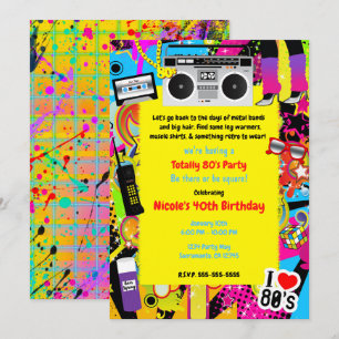 Invitation 80's 1980s Yellow Retro thème Anniversaire fête