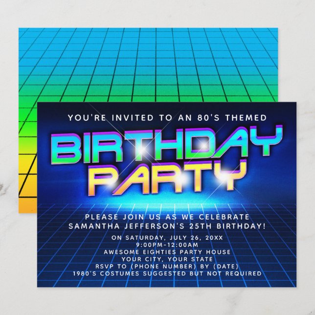 Invitation 80s 90s Neon Glow Grid 80 Anniversaire fête (Devant / Derrière)