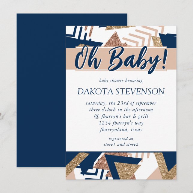 Invitation 80s Abstrait tendance | Marine et Rose Gold Oh Bab (Devant / Derrière)