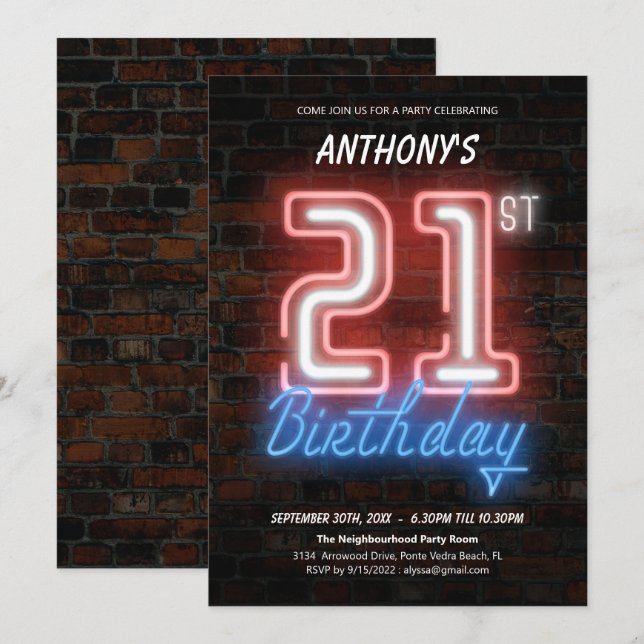 Invitation 80s Retro Fun Neon Signal 21e Anniversaire personn (Devant / Derrière)