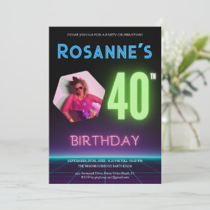 Invitation 80s Retro Night Photo personnalisée Neon 40e anniv