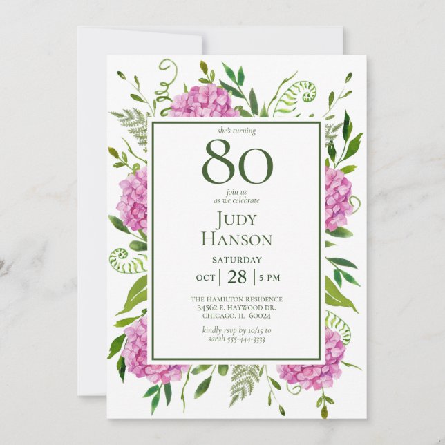 Invitation 80th Birthday Pink Hydrangeas Card Request  (Devant)