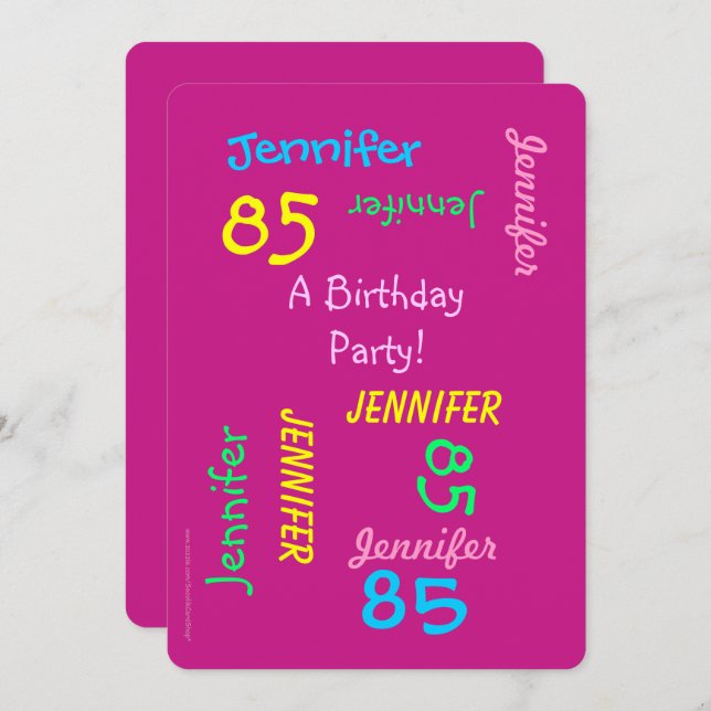 Invitation 85 ans Jeune fête d'anniversaire Nom rose (Devant / Derrière)