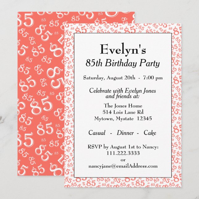 Invitation 85e anniversaire Coral et Motif de numéro blanc (Devant / Derrière)